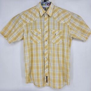 Larry Mahan Shirt Mens XL Pearl Snap Short Sleeve Western Yellow Plaid Rodeo
